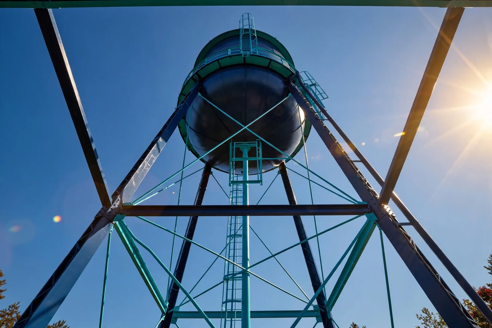 An elevated water tank against a blue sky