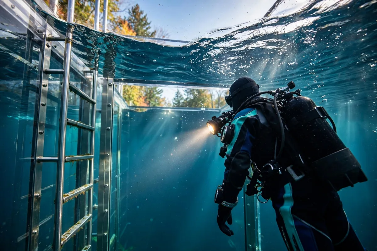 A diver inside a water tank