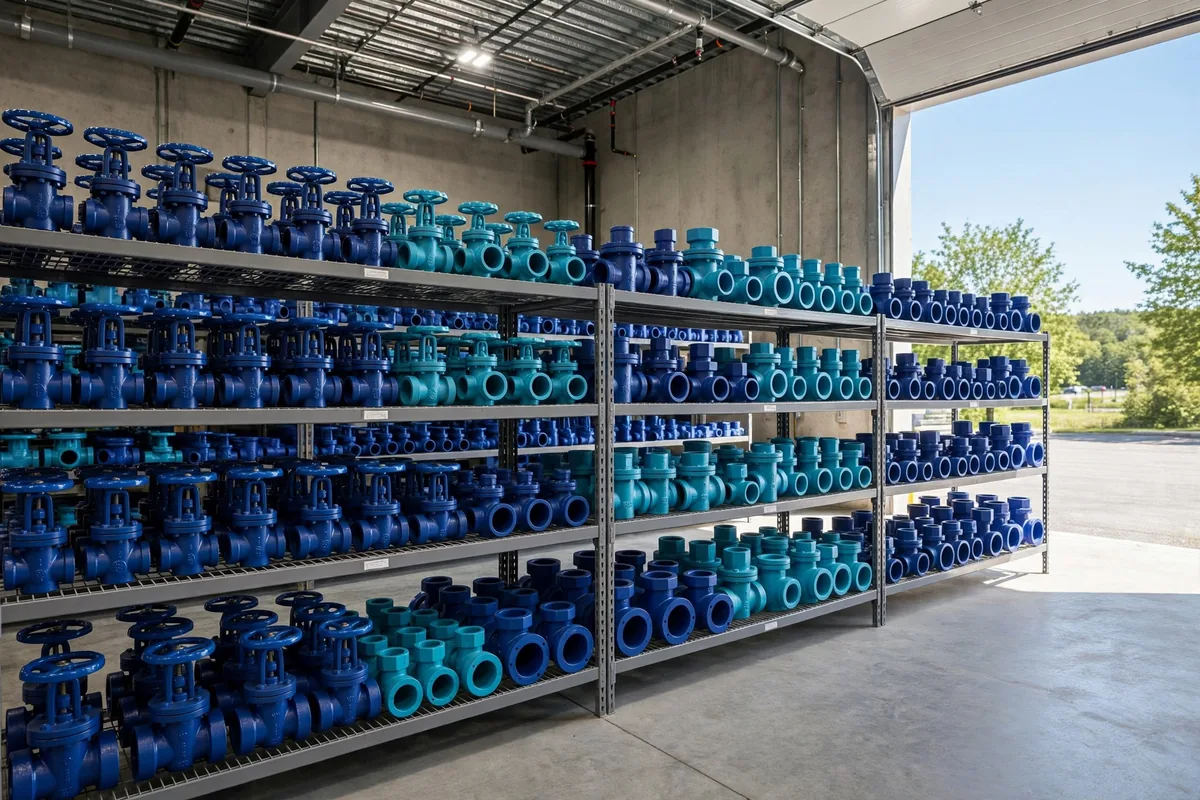 Waterworks valves on shelves