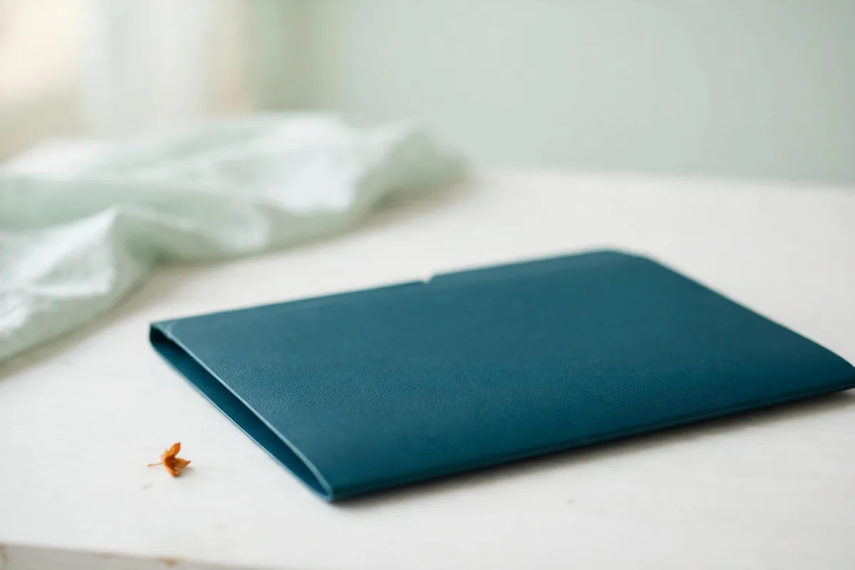 A closed teal folder