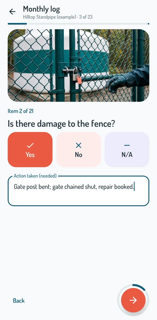 One item of the monthly log in Tank Watch, answered Yes, No or N/A with the action taken