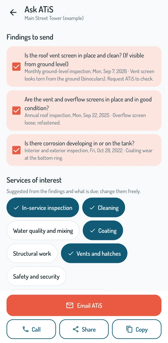A service request to ATiS in Tank Watch, with the findings and the services ticked